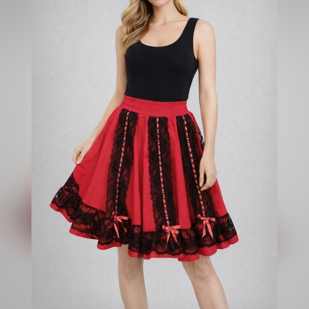SQUARE UP FASHIONS Hot Pink Black Lace Ruffle Circle Dance Skirt